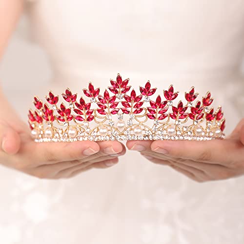 JWICOS Vintage Tiara Crown for Women Pearl Floral Queen Crown Bridal Headpieces for Brides and Bridesmaid Royal Accessories for Birthday Prom Pageant Party Gift (Red)