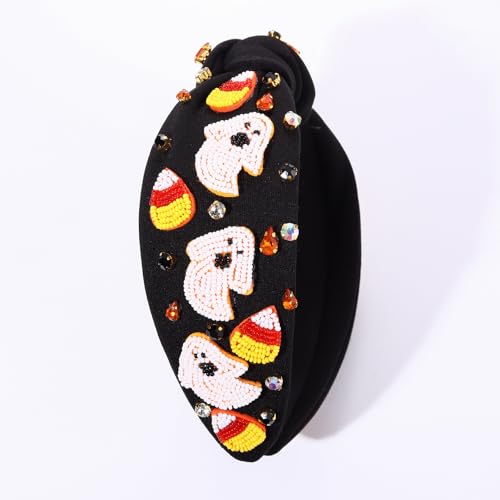 NVENF Halloween Headband Accessories for Women Crystal Pearl Knotted Headband Embellished Beaded Pumpkin Candy Corn Boo Headbands Rhinestone Jeweled Top Knot Headband Costume Party Favors (Ghost 3)