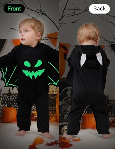 Goodstoworld Halloween Baby Clothes Boy Ghost Face Black Newborn Infant Bat Rompers Gender Neutral Girl Oufits Glow in The Dark Bodysuit Gift For Party