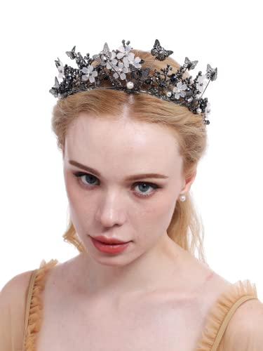 Brihasory Butterfly Queen Birthday Crowns Gold Tiaras for Bride, Crystal Royal Princess Wedding Rhinestone Headband, Costmue Party Christmas Halloween Black Prom Headpiece for Women and Girls (Black)