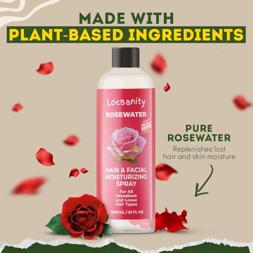 Locsanity Pure Rosewater Hair and Facial Spray – Jumbo Size Hydrating Face Mist to Soothe, Refresh, and Rejuvenate Skin, Reduce Oil and Buildup (32oz)