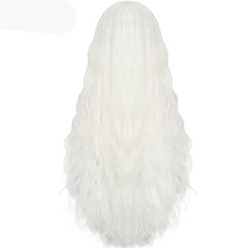 IMEYLE Wig White Wig with Bangs for Women Long Natural Curly Wig Heat Resistant Synthetic Wig Cosplay Wig for Halloween Costume Party + Wig Cap