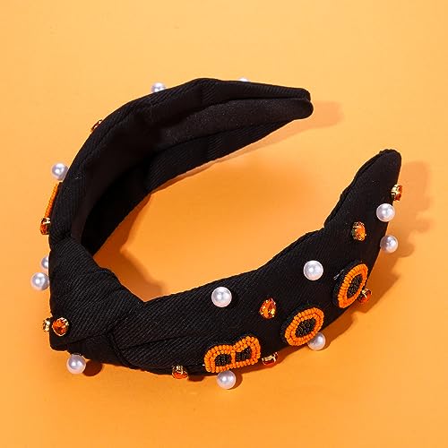 NVENF Halloween Headband Accessories for Women Crystal Pearl Knotted Headband Embellished Beaded Pumpkin Candy Corn Boo Headbands Rhinestone Jeweled Wide Top Knot Headband Costume Party Favors (BOO)