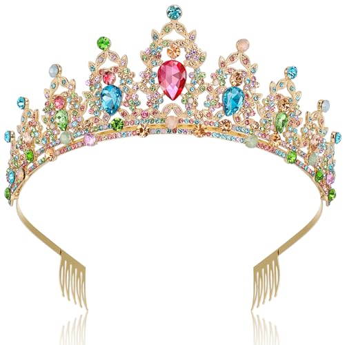 Makone Gold Queen Crown and Tiara Princess Crown with Combs for Women and Girls Colorful Crystal Opal Headbands, Costumes for Prom Halloween Accessories Wedding Birthday Party(Muti-color)