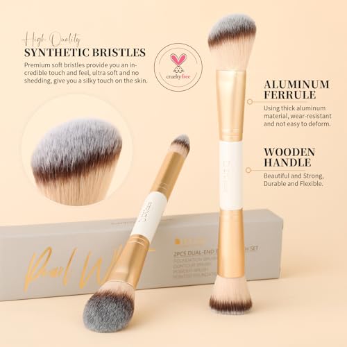 DUcare Makeup Brushes Duo End Foundation Contour Powder and Buffer Brush Bronzer Double Makeup Brush Set 2Pcs white