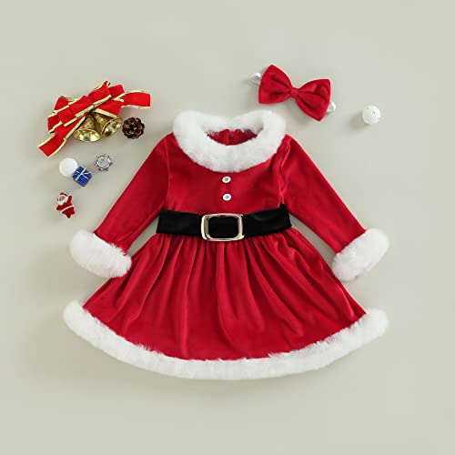 Baby Girls Christmas Dress Velvet Santa Claus Dress Long Sleeve Plush Xmas Princess Party Cosplay Costume Dress (M-Red, 3-6 Months)