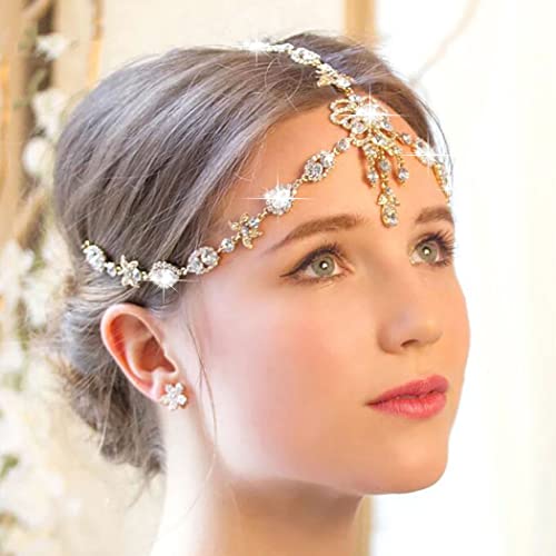 Jerany Rhinestone Head Chain Gold Wedding Headpieces Jewelry Brides Crystal Hair Chain Shiny Forehead Chain Halloween Festival Costume Head Jewelry for Women