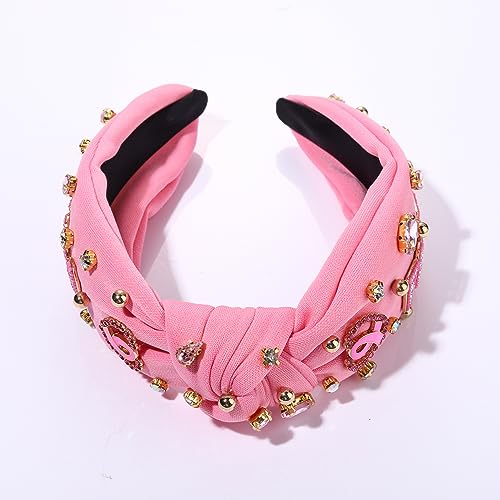 Breast Cancer Awareness Crystal Knotted Headband for Women Pink Ribbon Rhinestone Beads Headband Headpiece Top Knot Twist FIGHT Wide Breast Cancer Awareness Hairband Accessories for Girls (pink ribbon