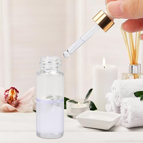 15Pcs Glass Essential Oil Bottles Tiny Clear Perfume Dropping Bottle Refillable Cosmetic Sample Vials Pot with Gold Cap and White Latex (5ml)