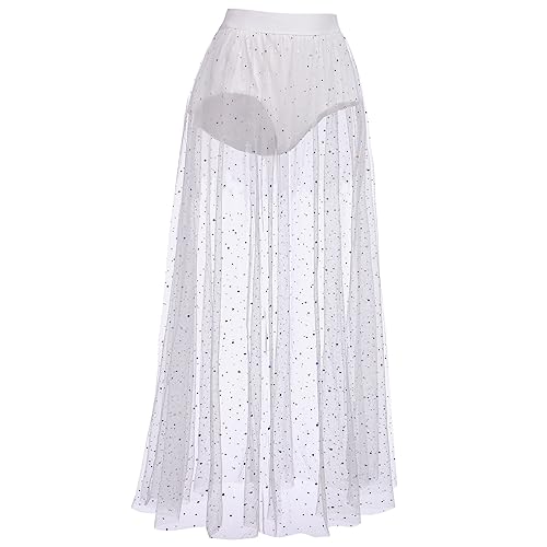 Women's Sheer Mesh 2 in 1 Glitter Sequin Elasticized High Waist A Line Party Maxi Skirt Sparkle Galaxy Sequin Tulle Cover ups Festival Outfits Costume White Polka Dot S