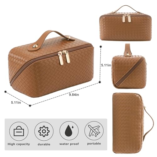 ALEXTINA Large Capacity Travel Cosmetic Bag - Portable Makeup Bags for Women Travel Toiletry Bag Waterproof Leather Checkered Makeup Organizer Bag for Travel Essentials, Open Flat Make up Bag, Black