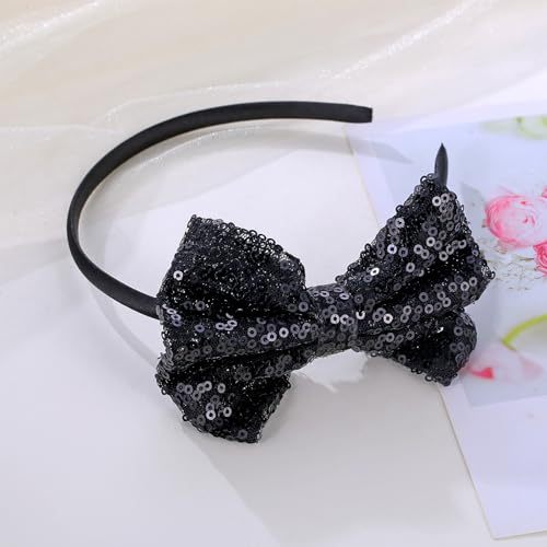 Kiszu Sparkly Sequin Hair Bow Headbands Fashion Glitter Cute Boutique Ribbon Bows for Girls, Kids, and Women (Dark Purple,Black)