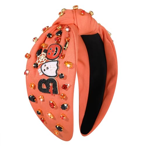 YAHPERN Halloween Headband for Women Spooky Pumpkin Spider Ghost Headband Jeweled Rhinestone Crystal Knotted Headband Embellished Wide Top Knot Headband Halloween Hair Accessories Outfits Party Gifts