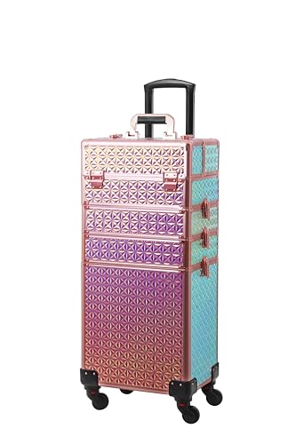 CHANNCASE 4 in 1 Portable Traveling Aluminum Professional Makeup Trolley Cart with Multiple-Sized Compartments and Wheels (Golden diamond)