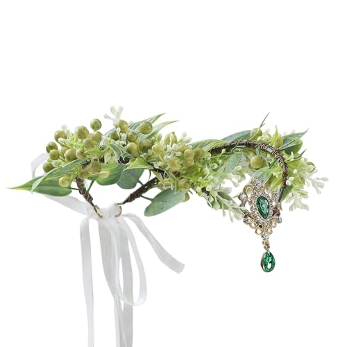 Bubbmi Green Flower Wreath Fairy Costume Headband with Pendant, Woodland Elf Cosplay Outdoor Wedding Bridal Headpiece for Women(ZM01GREEN)