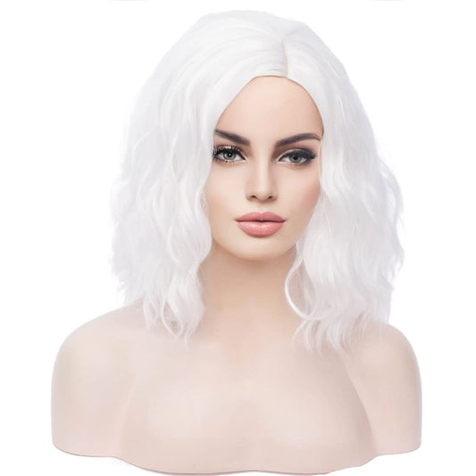 MAGQOO White Wig for Women Girls White Bob Wig Short White Wigs White Curly Wavy Wigs Side Part Synthetic Halloween Cosplay Costume Party Wigs