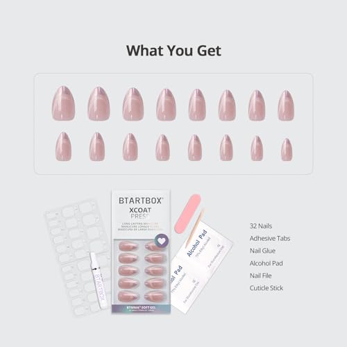 BTArtbox Press On Nails Almond - Short Soft Gel Fake Nails with Nail Glue, Opaque Reusable Stick On Nails in 16 Sizes - 32 Nail Kit, Falling Star Cat Eye