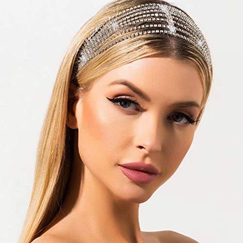 JEAIRTS Rhinestone Head Chain Forehead Bridal Headband Elastic Crystal Hair Band Halloween Prom Hair Jewelry for Women and Girls (1-Silver)