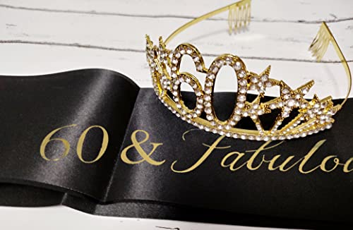 Happy 60th Birthday Tiara and Sash Gifts Crystal Rhinestone Princess Crown Birthday Queen Party Favor Supplies Gold Crowns Black Sash