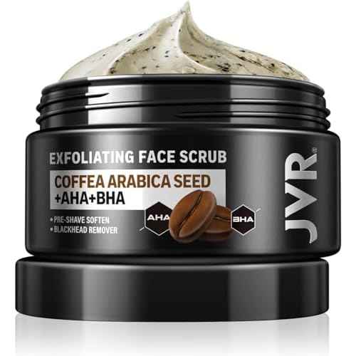 JVR Face Scrub for Men, Facial Scrub for Deep Exfoliating, Cleansing, Removing Blackheads, Ingrown Hair, Pre-shave Soften, Organic Formulated with Coffee Extract, AHA and BHA Face Exfoliator (4.23 oz)