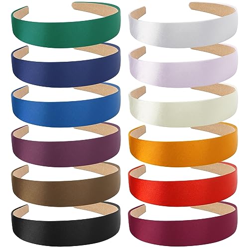 WOVOWOVO 12 Pack Satin Headbands for Women, 1.3 Inch Wide Girls Hairband Headband Non-slip Head Band Cute Fashion Colorful Halloween DIY Ribbon Headbands Accessories