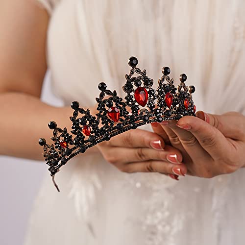 JWICOS Tiaras and Crowns for Women Gothic Crystal Queen Crown Black Baroque Vintage Tiara for Halloween Costume Birthday Party (Red Black)