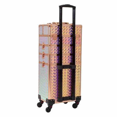 CHANNCASE 4 in 1 Portable Traveling Aluminum Professional Makeup Trolley Cart with Multiple-Sized Compartments and Wheels (Golden diamond)