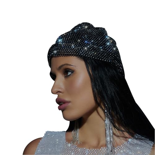 Sparkly Rhinestones Mesh Headband Beanie Women Girls Crystal Net Turban Headwrap Headpiece Glittery Christmas Halloween Costume Hairbands Nightclub Rave Party Head Cover Wraps Headscarf