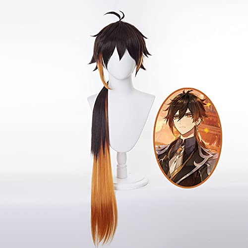 MoeLoli Anime Genshin Impact ZhongLi Cosplay Wig Black Mixed Orange Long Hair Halloween Party Wig (Zhongli)