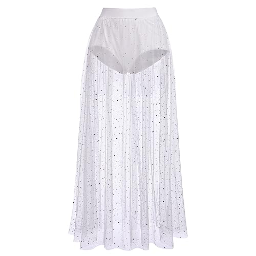 Women's Sheer Mesh 2 in 1 Glitter Sequin Elasticized High Waist A Line Party Maxi Skirt Sparkle Galaxy Sequin Tulle Cover ups Festival Outfits Costume White Polka Dot S