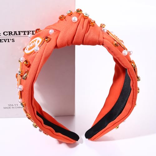 Crystal Pearl Knotted Sports Headband - Jeweled Wide Top Knot Hair Accessory for Women (Football, Baseball, Game Day, Football White & Orange)