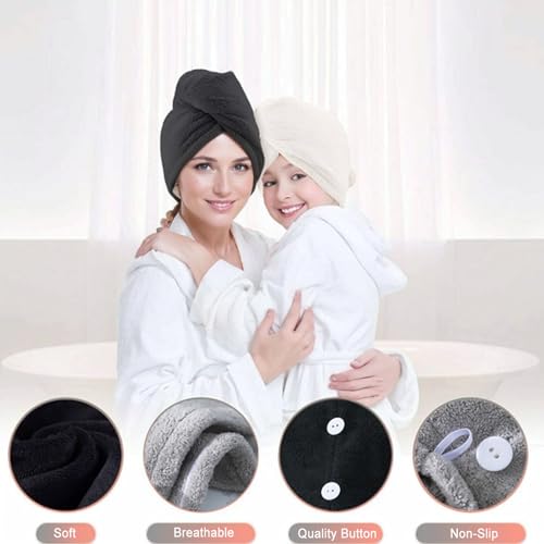 SURPRISE PIE Microfiber Hair Towel Wrap for Women,2Pack Hair Towels with Button,Super Absorbent Hair Turbans for Wet Hair, Long,Curly Hair,Fast Hair Drying Towel (Black and White)