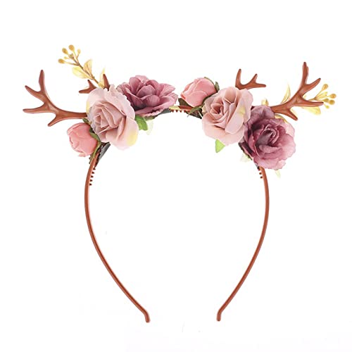 BengLiu Christmas Reindeer Antlers Headband Hairbands Girls Headbands Santa Rose Flower Valentines Day Halloween Hair Accessories (Pink)