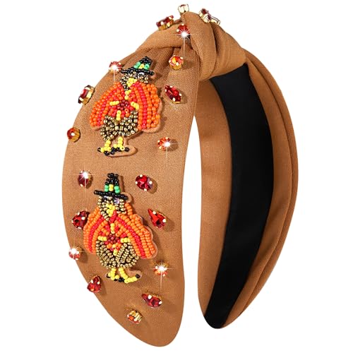 mokkia Thanksgiving Headband Fall Accessories for Women Beaded Turkey Maple Leaf Pumpkin Knotted Headband Jeweled Rhinestone Pearl Top Knot Headband Autumn Fall Outfit Gifts