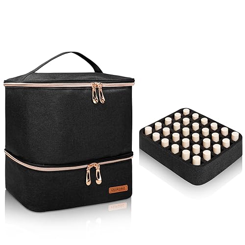 Veirdro Nail Polish Organizer Bag Holds 30 Bottles (15ml/0.5 fl.oz)& Nail Lamp, Portable Travel Nail Kit Storage Carrying Case, Double Layer Nail Supplies Holder Bag PU Leather Women (Elegant Black)