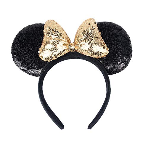 A Miaow 3D Black Mouse Sequin Ears Headband MM Glitter Butterfly Hair Clasp Park Supply Adults Women Photo Accessory (Black and Golden)