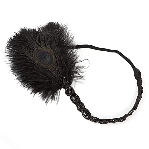 Roaring Art Deco 1920s Headpieces for Women Flapper Headband 20s Gatsby Costume Peacock Hair Accessories 06Black