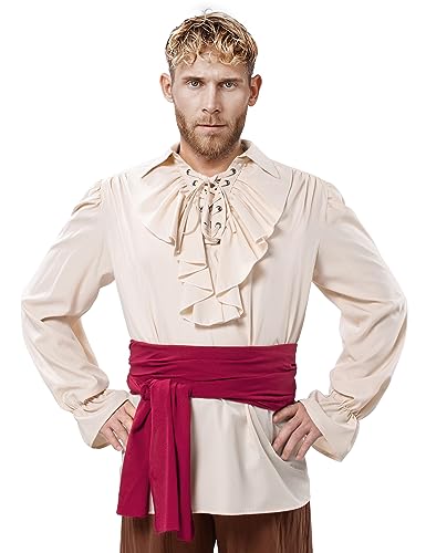 Irtysh Men's Renaissance Victorian Medieval Pirate Shirt Lace Up Colonial Steampunk Costume Tops Waist Belt Set(Beige S)