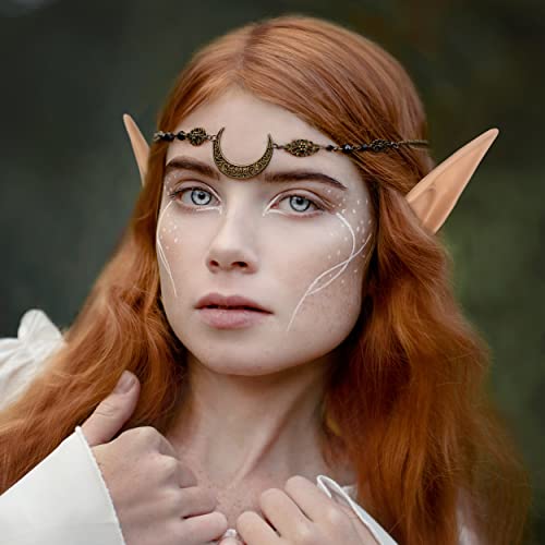 FRESHME Elf Ears with Headpiece - 2 Pairs Fairy Elven Ears and Vintage Moon Head Chain Set for Women Girls Headbands Cosplay Party Dress Up Christmas Halloween Renaissance Costume Hair Accessories