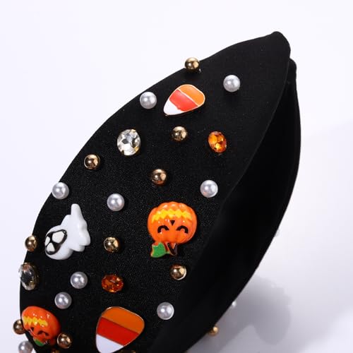 Halloween Headband Rhinestone Knotted Headband for Women Pumpkin Corn Ghost Charm Crystal Embellished Wide Top Knot Hairband Halloween Cosplay Party Hair Accessories