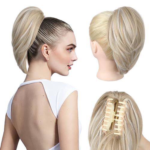 NTYNTY Ponytail Extension, 10" Short Claw Clip in Ponytail Hair Extensions Messy Bun Hair Piece Natural Soft Synthetic Straight Pony Tail Hair Pieces for Women - Dark Golden Blonde with Highlights
