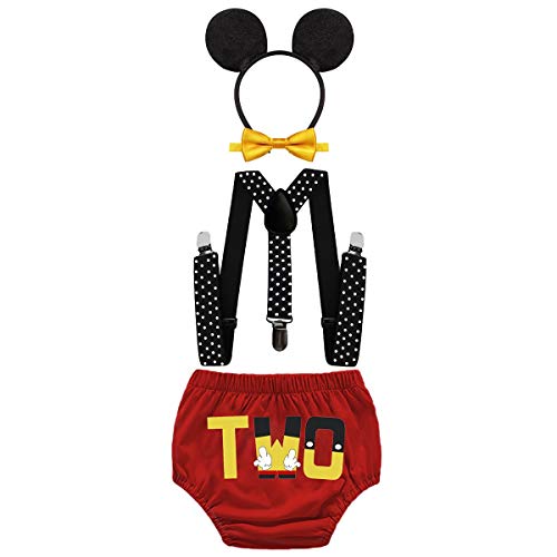 HIHCBF Baby Boys 2nd Birthday Party Outfits Cake Smash Photo Shoot Costume Cartoon Bloomers Suspenders Bow Tie Headband Red