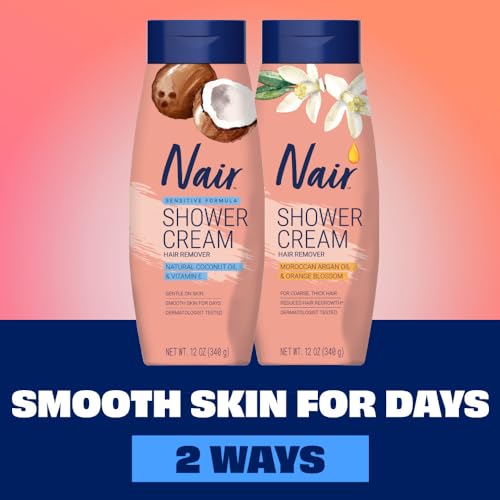 Nair Sensitive Shower Cream Hair Remover with Natural Coconut Oil and Vitamin E, Body Hair Removal Cream for Women, 12 oz