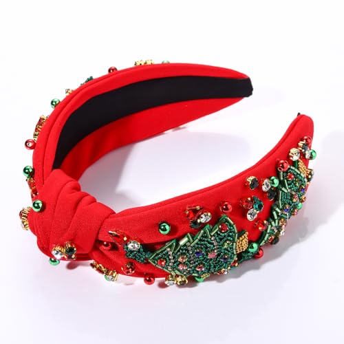 Christmas Headband for Women Beaded Christmas Tree Reindeer Snowflake Headband Jeweled Rhinestone Pearl Knotted Headband Christmas Holiday Hair Accessories Outfit Party Favors (Xmas Tree 1 - Red)