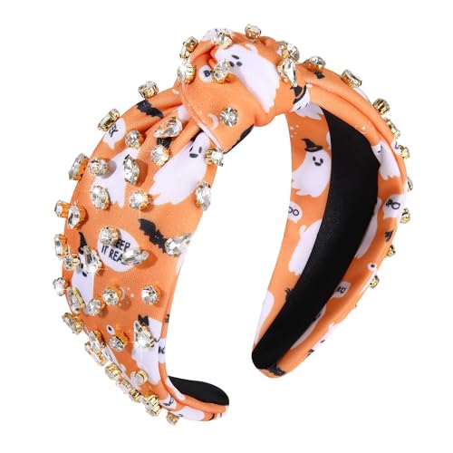 Halloween Crystal Knotted Headband for Women Rhinestone Jeweled Embellished Spooky Ghost Print Wide Top Knot Hairband Halloween Costume Party Hair Accessory (Orange Ghost)