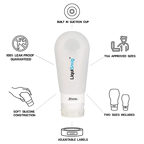 LiquiSnugs Premium - 100% Guaranteed Leak Proof Silicone Travel Bottles For Toiletries - TSA Approved Container. Premium Range Travel Shampoo Bottles with Suction Cups and Adjustable Labels
