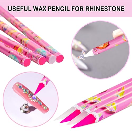 17Pcs Rhinestone Picker Tool Kit, Self-Adhesive Wax Pencil for Rhinestones and Diamond Painting, Jewel Picker Tool Dotting Tools for Nail Art, Little Nail Gem Tool with 8 Rhinestone Tray Nail Tweezers