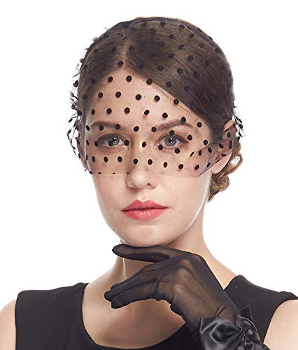 Cizoe Fascinators with veil Bridal Wedding Veil Mesh Lace Headband Tea Party Headdress (1C-Black)