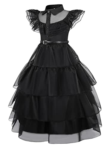 Sukyfecde Princess Dresses Costume for Kids Girls Black Family Cosplay Outfit Halloween Dress up With Belt Black Dance Dress Size 4T (3-4 Years)