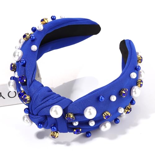 GLBCC Pearl Knotted Headband, Blue, Football Game Day Hairband with Rhinestone Embellishment, Wide Headband for Women, Sports Hair Accessories, Fashion Ladies Headband, One Size Fits All